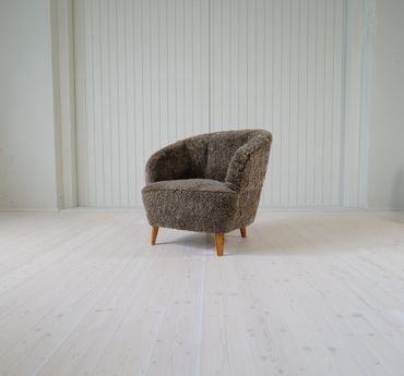 Art Deco Curved Sheepskin / Shearling "Sahara" Lounge Chair Sweden, 1940s