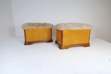 Swedish Art Deco Stools in Lacquered Birch and Sheepskin/Shearling Seat 1940s