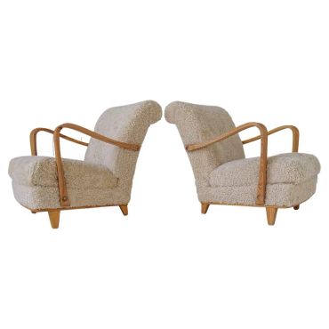 Swedish Modern Lounge Chairs in Shearling / Sheepskin and Elm, 1940s