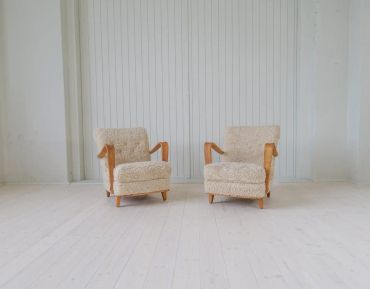 Swedish Modern Lounge Chairs in Shearling / Sheepskin and Elm, 1940s