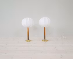 Swedish Midcentury Table Lamps in Brass, Teak and Cotton Shades "Boréns" 1960s