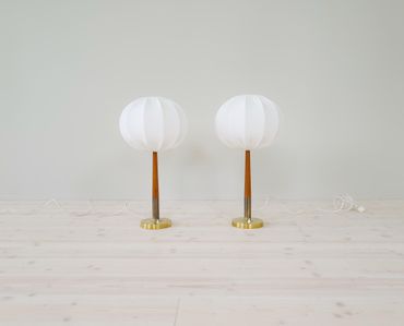 Swedish Midcentury Table Lamps in Brass, Teak and Cotton Shades "Boréns" 1960s