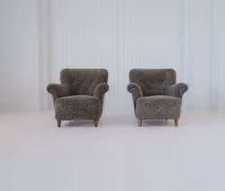 Scandinavian Modern Lounge Chairs in Grey/Black Sheepskin Shearling Sweden, 1940