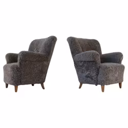 Scandinavian Modern Lounge Chairs in Grey/Black Sheepskin Shearling Sweden, 1940