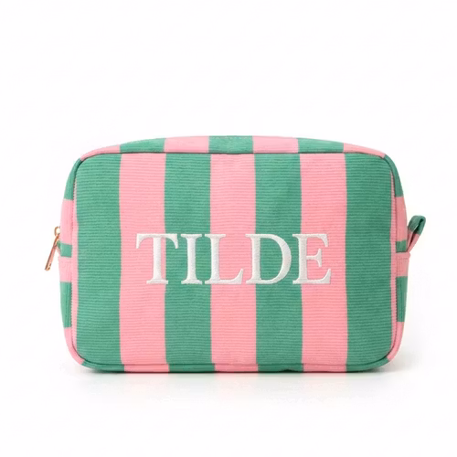 Randig grön/rosa sminkväska med namn