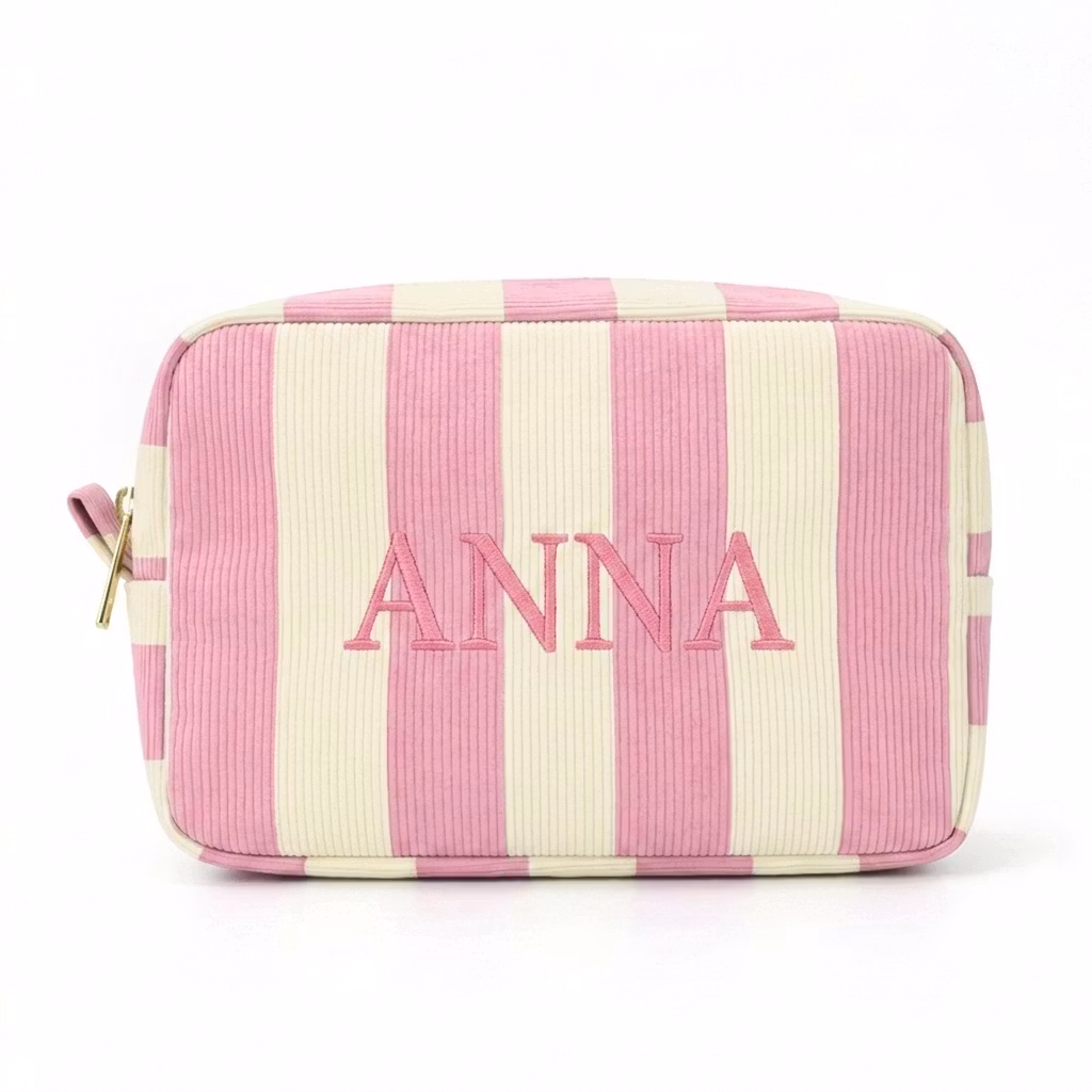 Randig rosa/vit sminkväska med namn