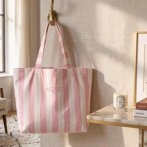 Beach bag med namn- pink/white