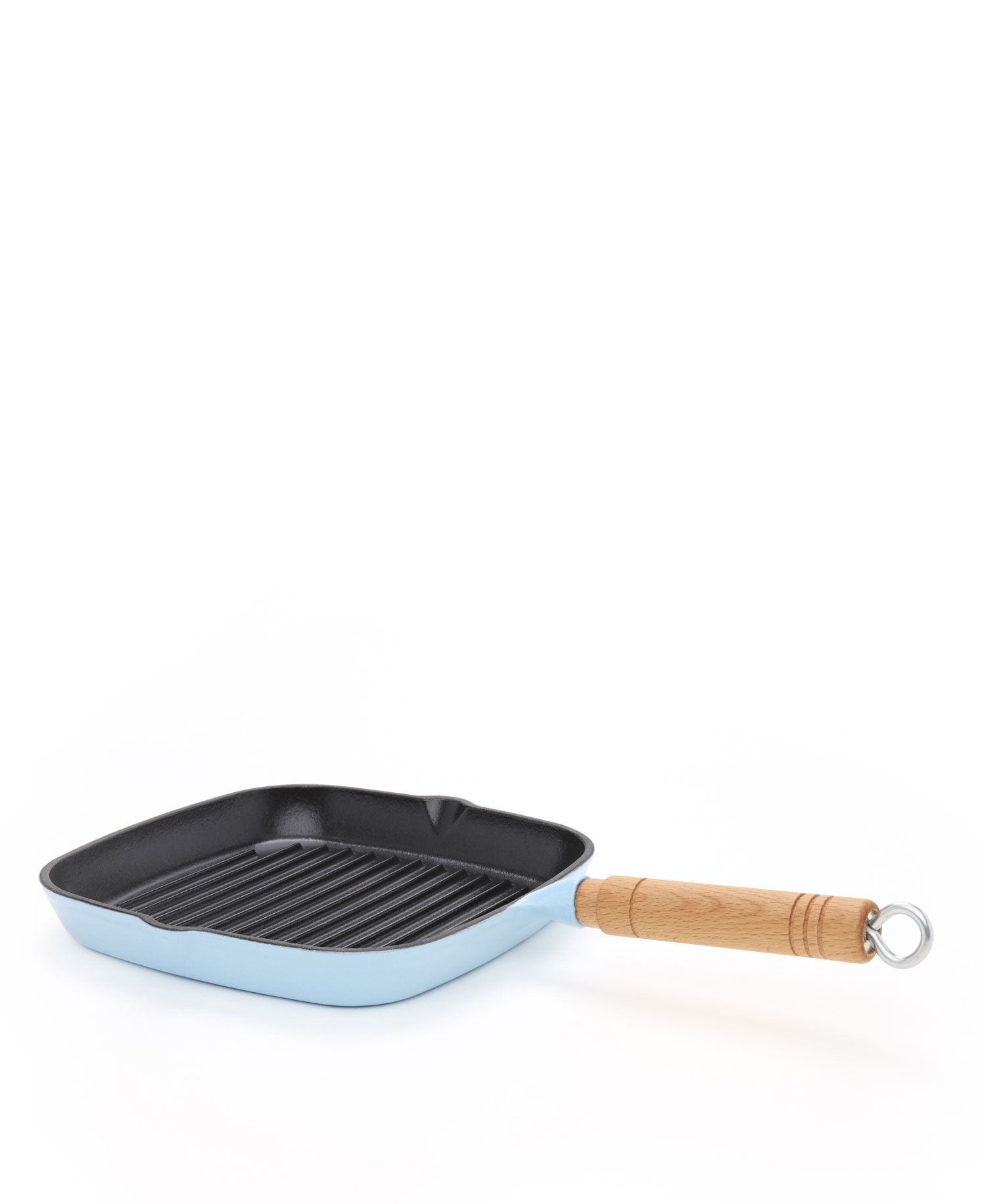 GRILLPFANNE MIT HOLZGRIFF AUS EISENARBEIT - HELLBLAU