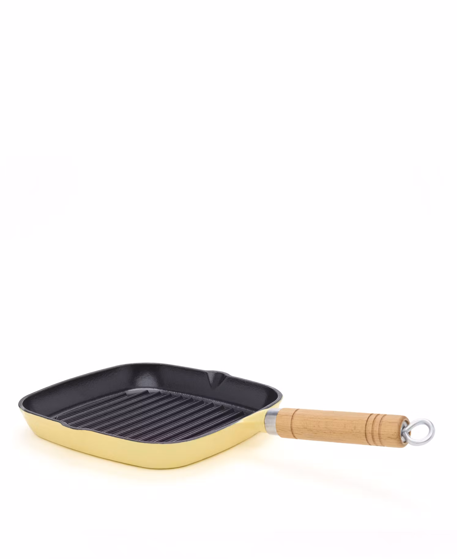 GRILLPFANNE MIT HOLZGRIFF AUS EISENARBEIT - GELB