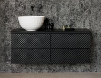 SUPREME 120cm  svart skap med 4 skuffer, svart håndtak og servant