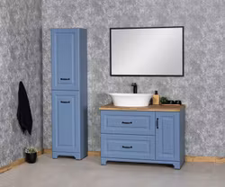 RETRO lyseblå baderomspakke - servantskap 100cm, benkeplate, servant, høyskap og speil