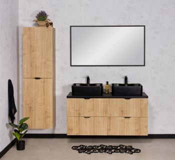 BERTA natur eik baderomspakke - servantskap 120cm, benkeplate, servant, høyskap og speil