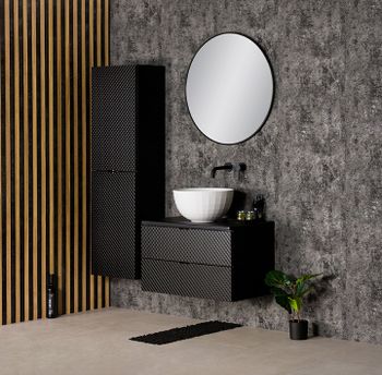 SUPREME svart baderomspakke - servantskap 80cm med sort håndtak, benkeplate, servant, høyskap og speil