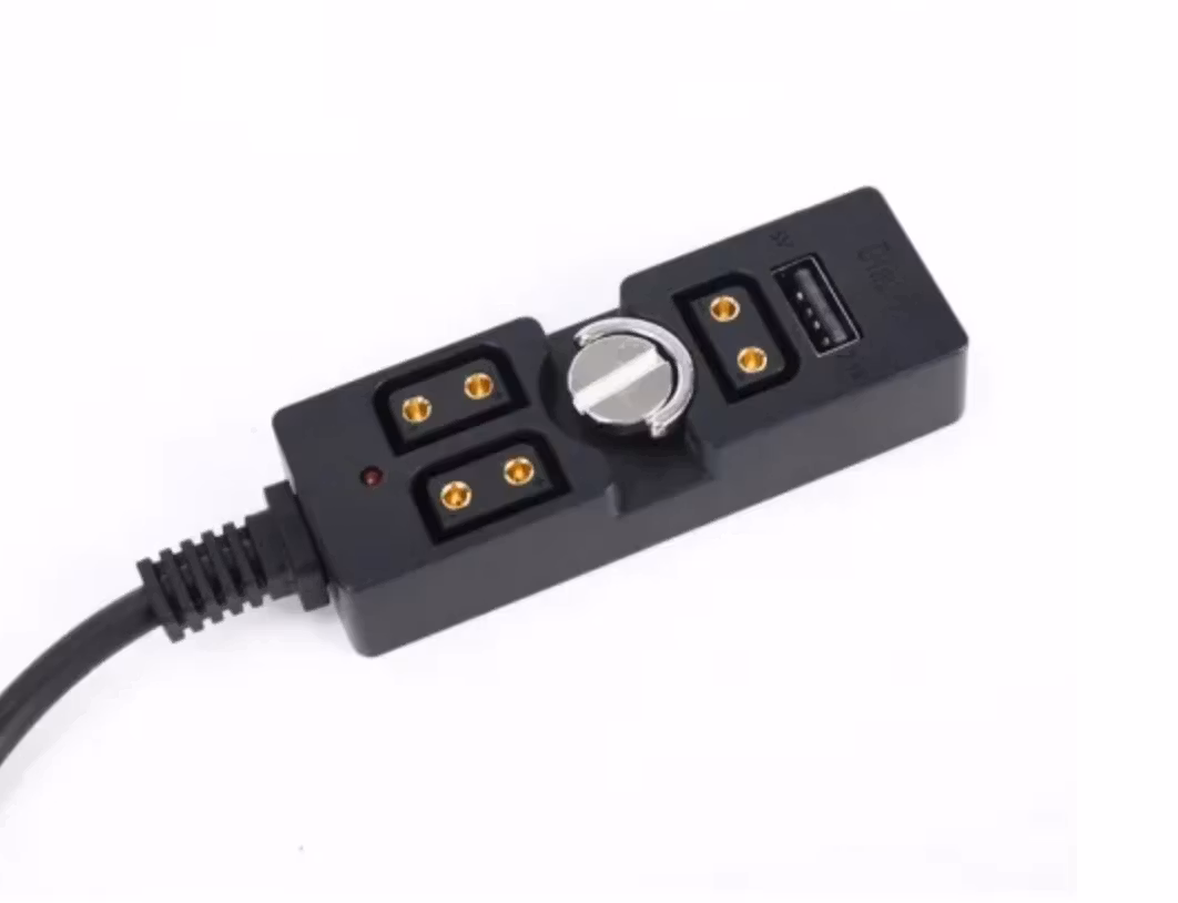 0.5-2m Coiled Male D-TAP to 3 Port Female D-Tap with USB-A 2.0 Splitter with 1/4"-20 Screw