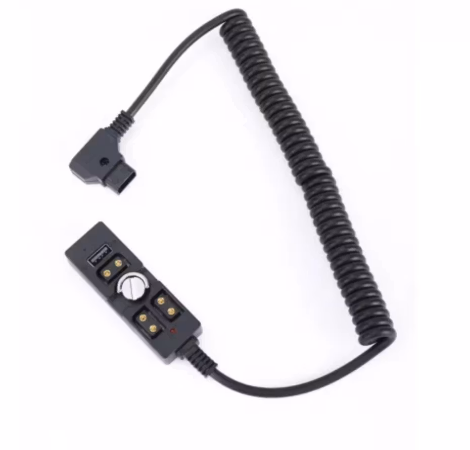 0.5-2m Coiled Male D-TAP to 3 Port Female D-Tap with USB-A 2.0 Splitter with 1/4"-20 Screw