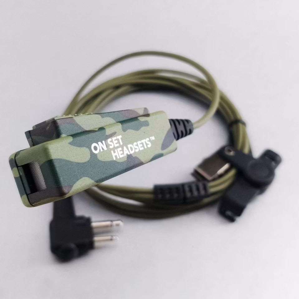 On Set Headsets Green Camo for Motorola, Kevlar reinforced cable assembly, H2O resistant mic, Medical grade (hypoallergenic) silica. The FilmPro is a High Quality Walkie Talkie Headset. Built to take 