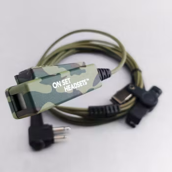 On Set Headsets Green Camo for Motorola, Kevlar reinforced cable assembly, H2O resistant mic, Medical grade (hypoallergenic) silica. The FilmPro is a High Quality Walkie Talkie Headset. Built to take 