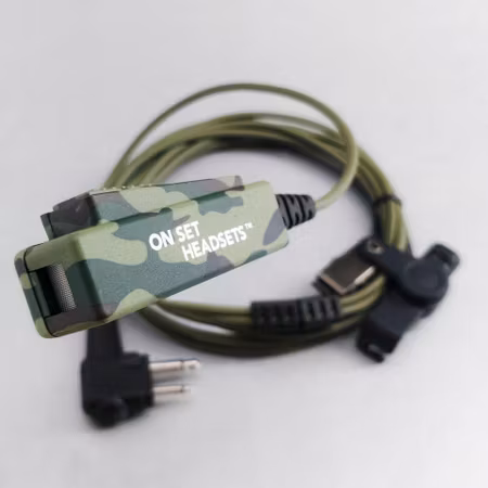 On Set Headsets Green Camo for Motorola, Kevlar reinforced cable assembly, H2O resistant mic, Medical grade (hypoallergenic) silica. The FilmPro is a High Quality Walkie Talkie Headset. Built to take 