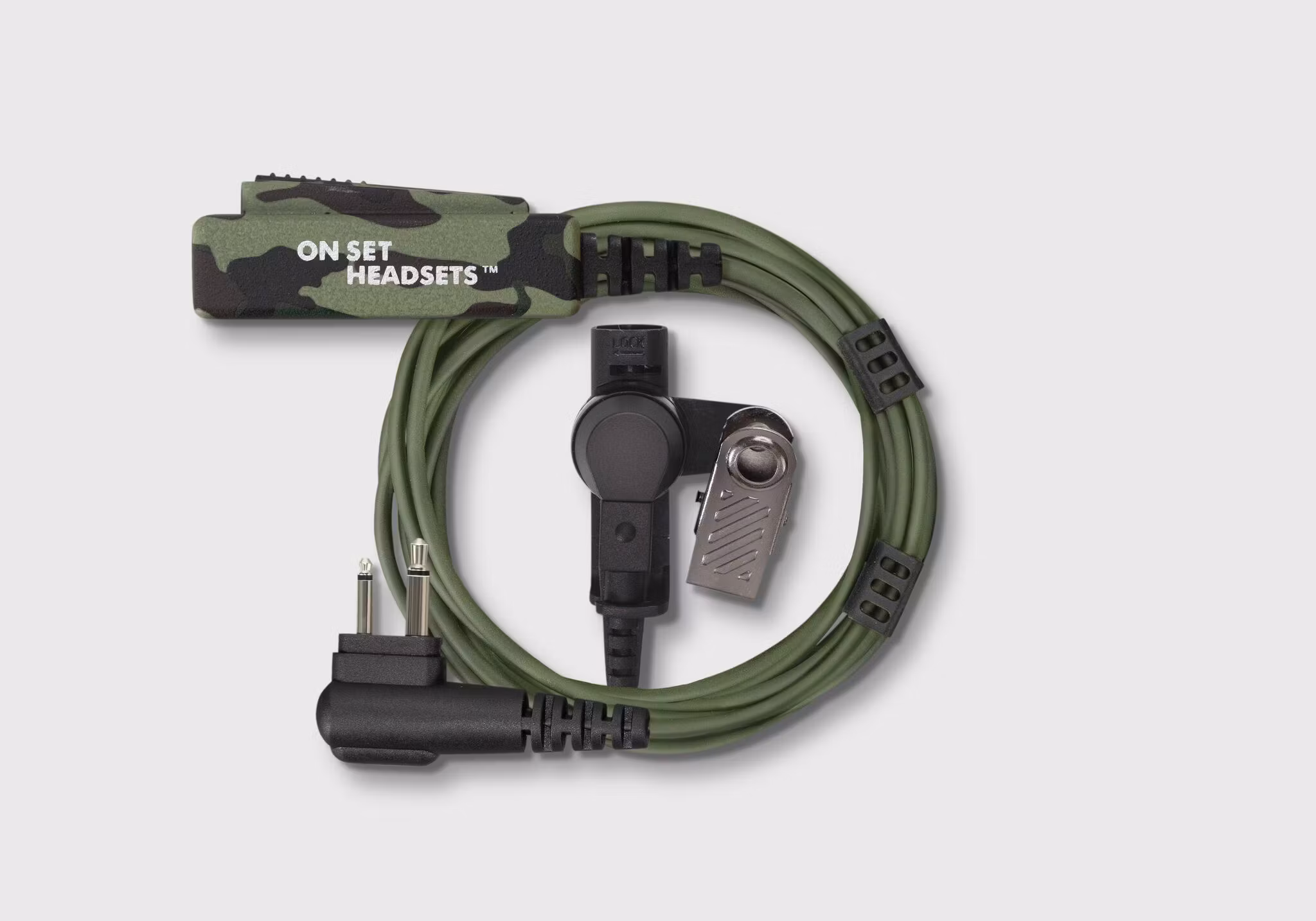 On Set Headsets Green Camo for Motorola, Kevlar reinforced cable assembly, H2O resistant mic, Medical grade (hypoallergenic) silica. The FilmPro is a High Quality Walkie Talkie Headset. Built to take 