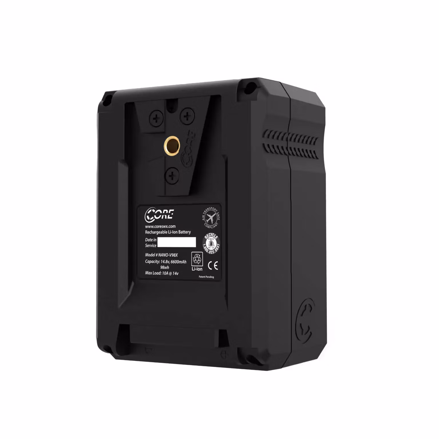 CORE 98wh Micro sized V-mount SMART battery pack, 14.8v 6.6Ah. 10A Draw with 4 LED Gauge Intergrated Ptap Port and USBPD, SMBUS Camera Communication