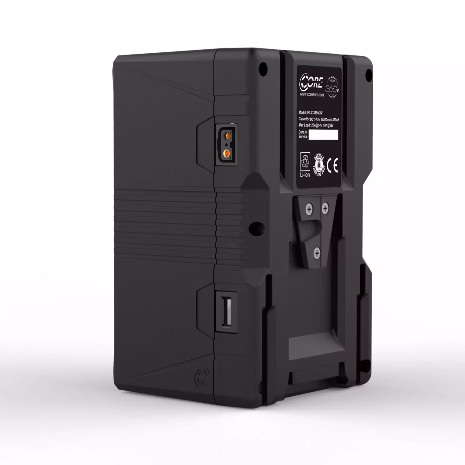 CORE Helix360max, 14.4v/28.8v, 367wh V-mount battery pack, LCD and w/ ptap and USB, , 20A Max Load