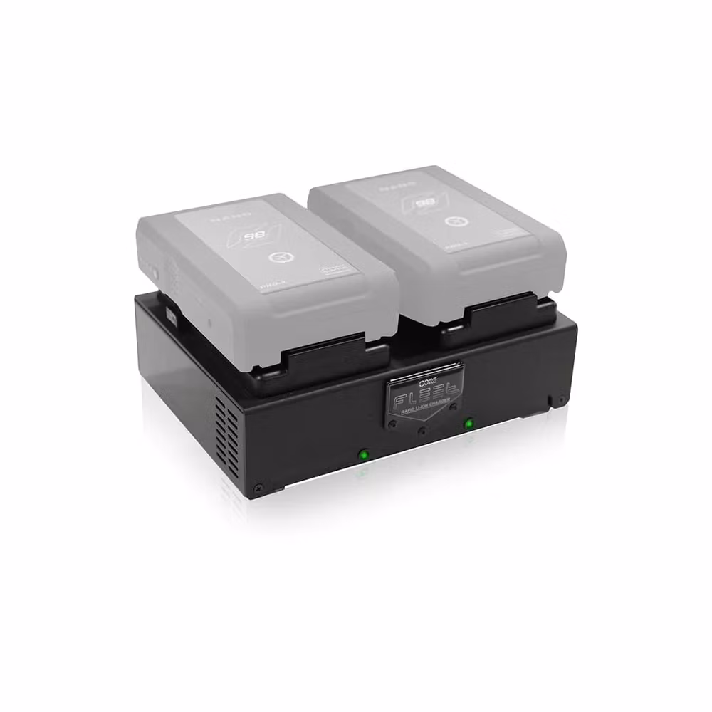 CORE Two Position V-Mount Fast Simultaneous Li-Ion Charger charges two 98wh battery packs in 2.5hrs.