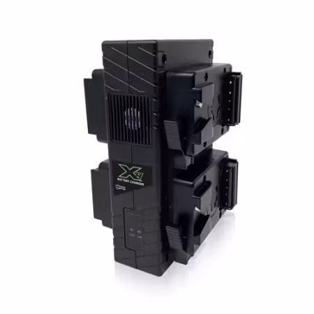 CORE Compact V-mount 4-position Fast Charger.  4hrs charger for two 98wh packs.  3A fast charge.  Upright design. 100v-240VAC input.  Includes AC Cable.