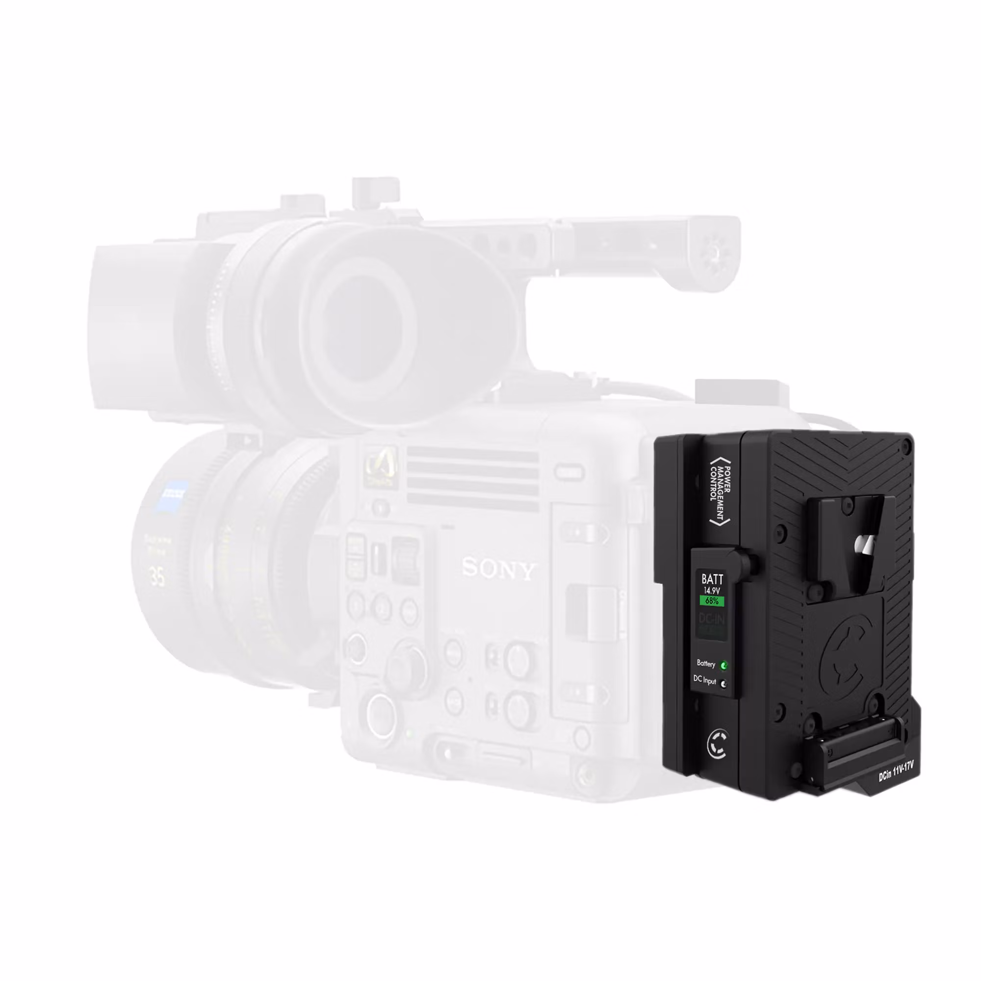 CORE Power Management Control V-mount to V-mount Plate adapter. Works with Sony Burano and Sony Venice/2 HRS 4pin 12v output, USBCPD output,  with 2 ptaps and  Screen Display, DC 11-17v 4p XLR input f