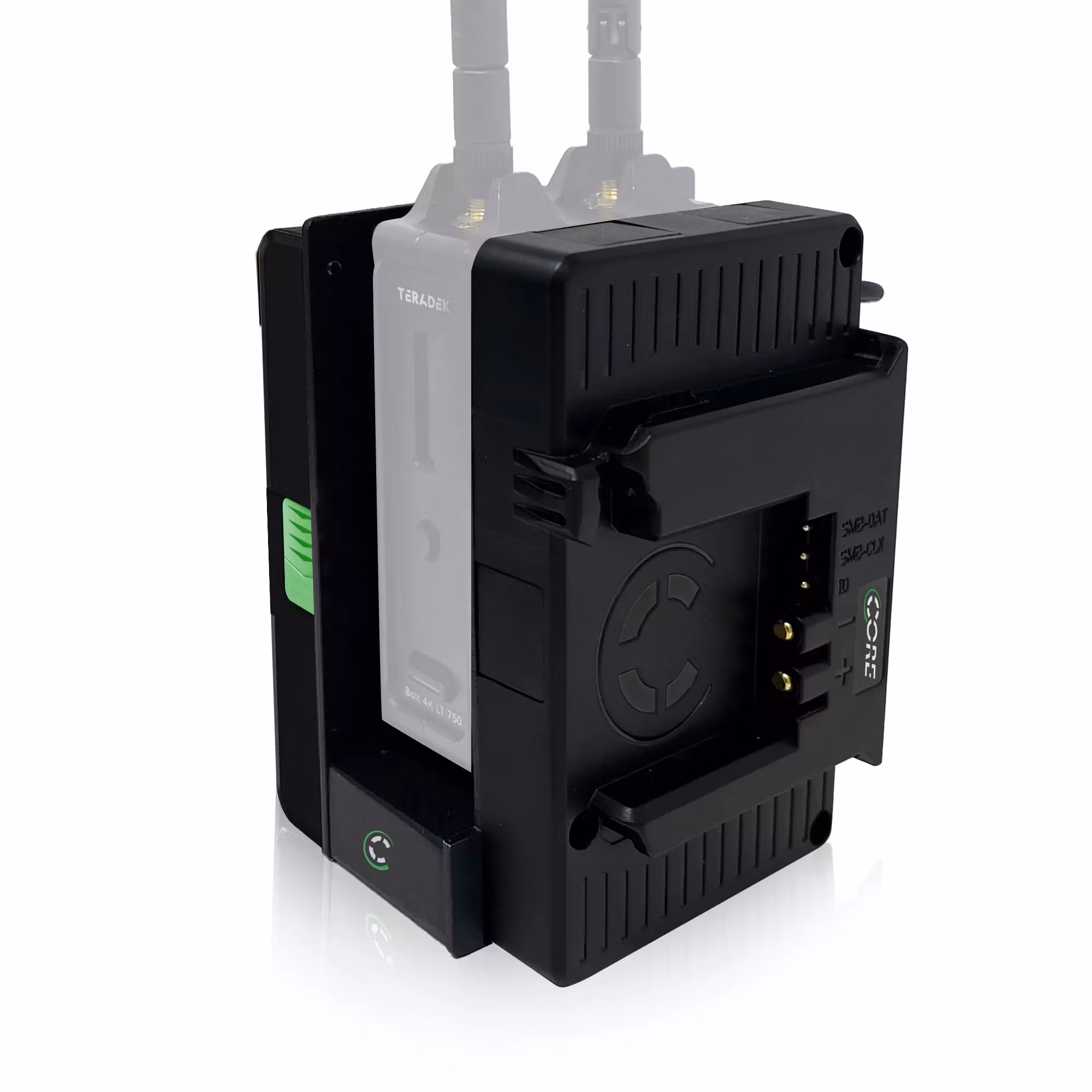 CORE Helix High Voltage Caddy for Teradek LT Transmitter, B-mount, 12v regulated output to 2pin Lemo