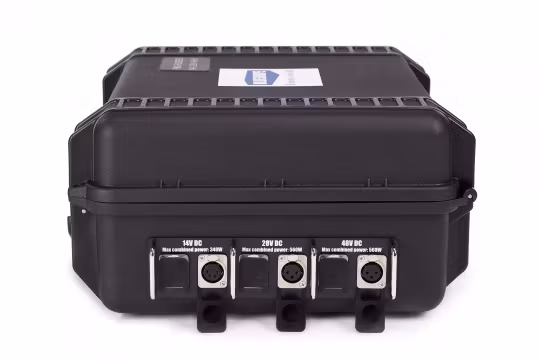 BLUESHAPE power station in RUGGED case for 4 batteries , trial voltage 14V - 28V and 48V regulated. Charger system embedded and back system . VLOCK