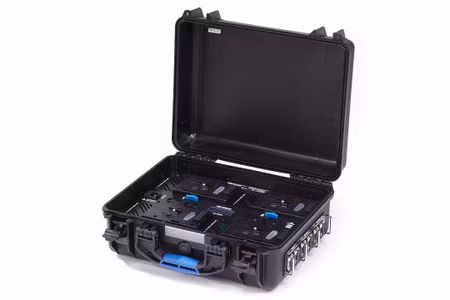 BLUESHAPE power station in RUGGED case for 4 batteries , trial voltage 14V - 28V and 48V regulated. Charger system embedded and back system . VLOCK