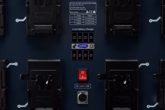 BLUESHAPE NEW Studio charger VLOCK batteries , WALL MOUNTING. Charges 8 batteries simultaneous. LCD info