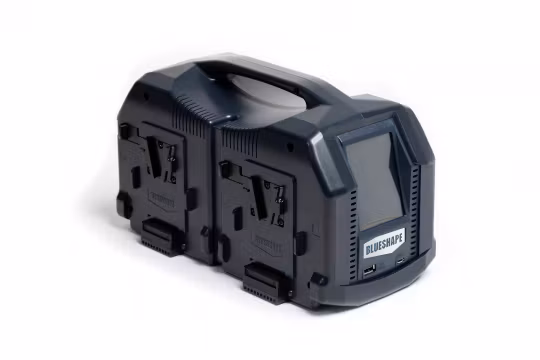 BLUESHAPE Studio charger Vlock batteries. Charges  4 batteries simulatenous 6Ah per channel, on/off fan noise reduction, LCD TOUCH SCREEN