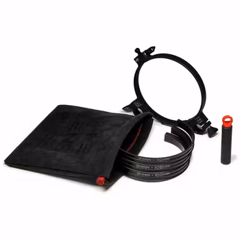 Ø65mm Lens Cuff with Alcantara® pouch and inserts to adapt to 62.5mm, 60mm and 57.5mm lens barrel diameters.