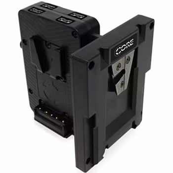 CORE Hotswap/Sharkfin V-Mount Plate.  Accepts both Helix packs to connect to HLX-BAB-V mount plate to output 33.6v.  Also accepts 14v V-mount packs for parallel standard voltage operation.