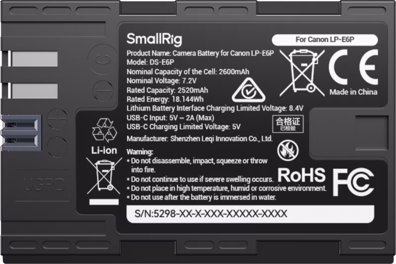 SmallRig 5298 USB-C Camera Battery with Power Display for Canon LP-E6P