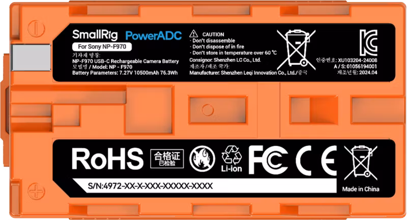 SmallRig 4972 NP-F970 USB-C Rechargeable Camera Battery Orange