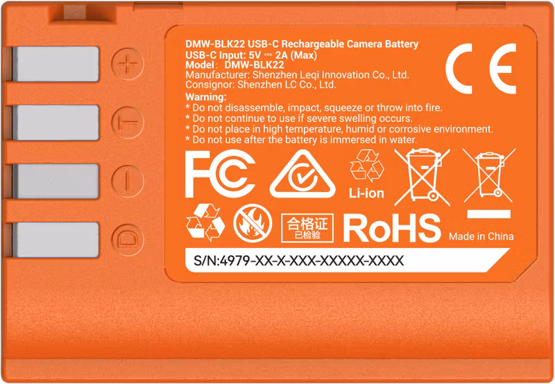 SmallRig 4979 Camera Battery USB-C Rechargeable DMW-BLK22 Orange