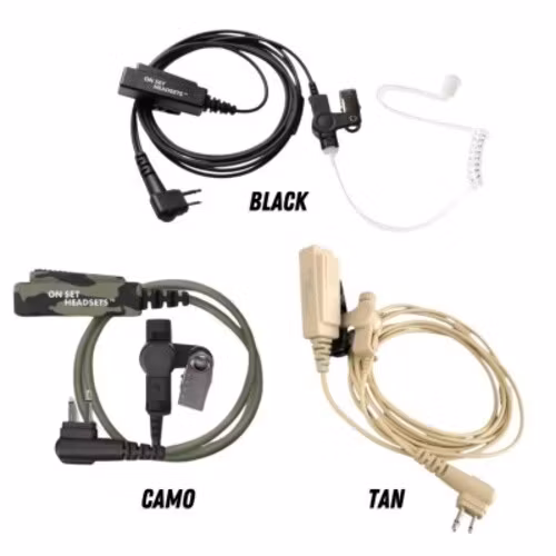 On Set Headsets Black for Motorola, Kevlar reinforced cable assembly, H2O resistant mic, Medical grade (hypoallergenic) silica. The FilmPro is a High Quality Walkie Talkie Headset. Built to take on 10