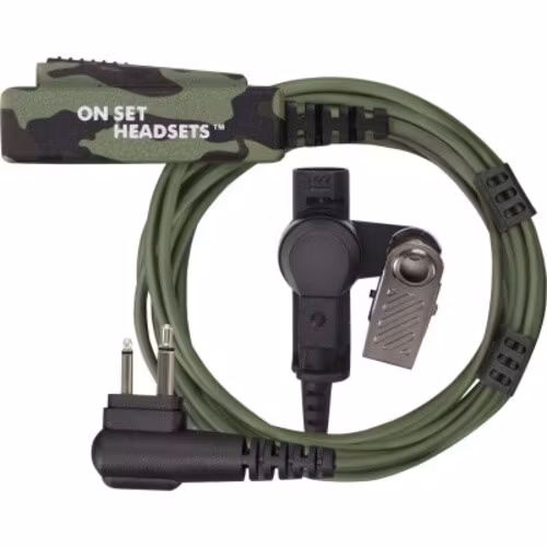 On Set Headsets Green Camo for Motorola, Kevlar reinforced cable assembly, H2O resistant mic, Medical grade (hypoallergenic) silica. The FilmPro is a High Quality Walkie Talkie Headset. Built to take 