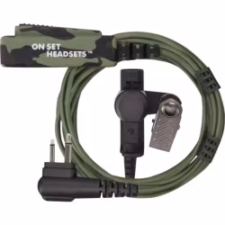 On Set Headsets Green Camo for Motorola, Kevlar reinforced cable assembly, H2O resistant mic, Medical grade (hypoallergenic) silica. The FilmPro is a High Quality Walkie Talkie Headset. Built to take 