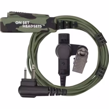 On Set Headsets Green Camo for Motorola, Kevlar reinforced cable assembly, H2O resistant mic, Medical grade (hypoallergenic) silica. The FilmPro is a High Quality Walkie Talkie Headset. Built to take 