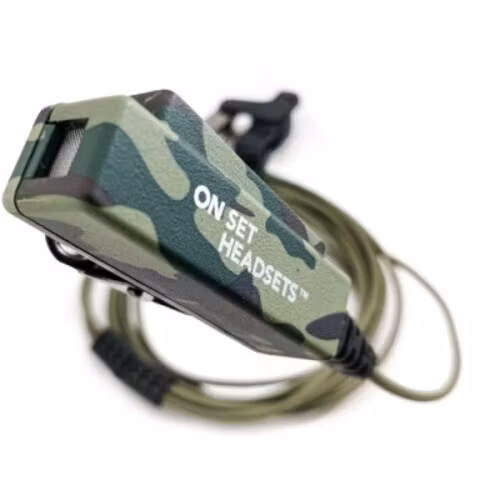 On Set Headsets Green Camo for Motorola, Kevlar reinforced cable assembly, H2O resistant mic, Medical grade (hypoallergenic) silica. The FilmPro is a High Quality Walkie Talkie Headset. Built to take 