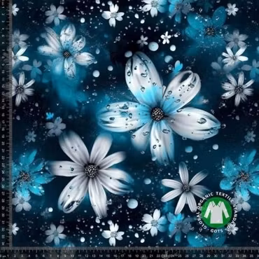 Vita blommor på blå/svart bakgrund Bomullsjersey
