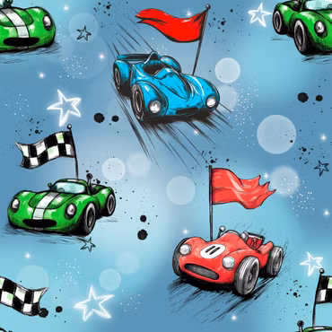 Racerbilar, bomullsjersey, säljes per dm