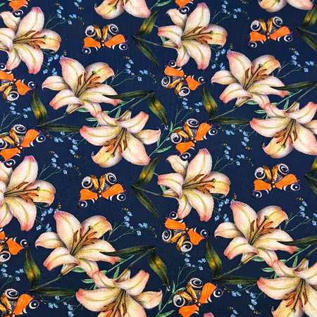 Lilja påfågelfjäril bomullsjersey, finns 1 meter och 2 meter