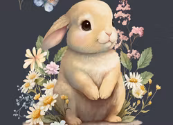 T6669 Joggingtyg Kanin och blommor mörkblå (40 x 50 cm) 5-pack