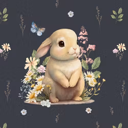 T6669 Joggingtyg Kanin och blommor mörkblå (40 x 50 cm) 5-pack