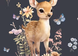 T6668 Joggingtyg Rådjur och blommor mörkblå (40 x 50 cm) 5-pack