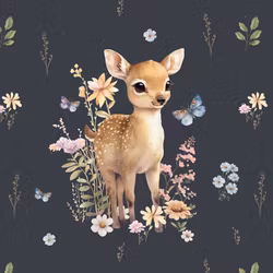 T6668 Joggingtyg Rådjur och blommor mörkblå (40 x 50 cm) 5-pack